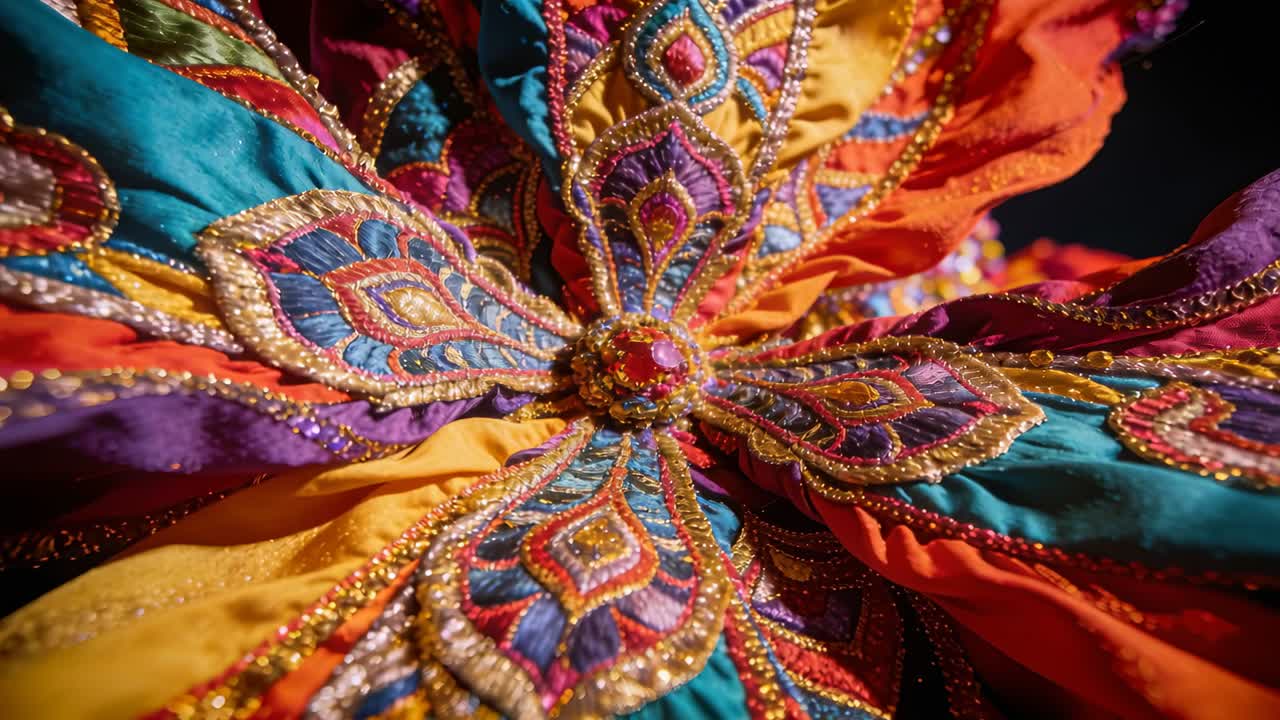 Die Kamera fährt zurück und enthüllt ein perlenbesetztes Blumenornament im Studio, um den zentralen Knopf und den Goldfaden zu zeigen.