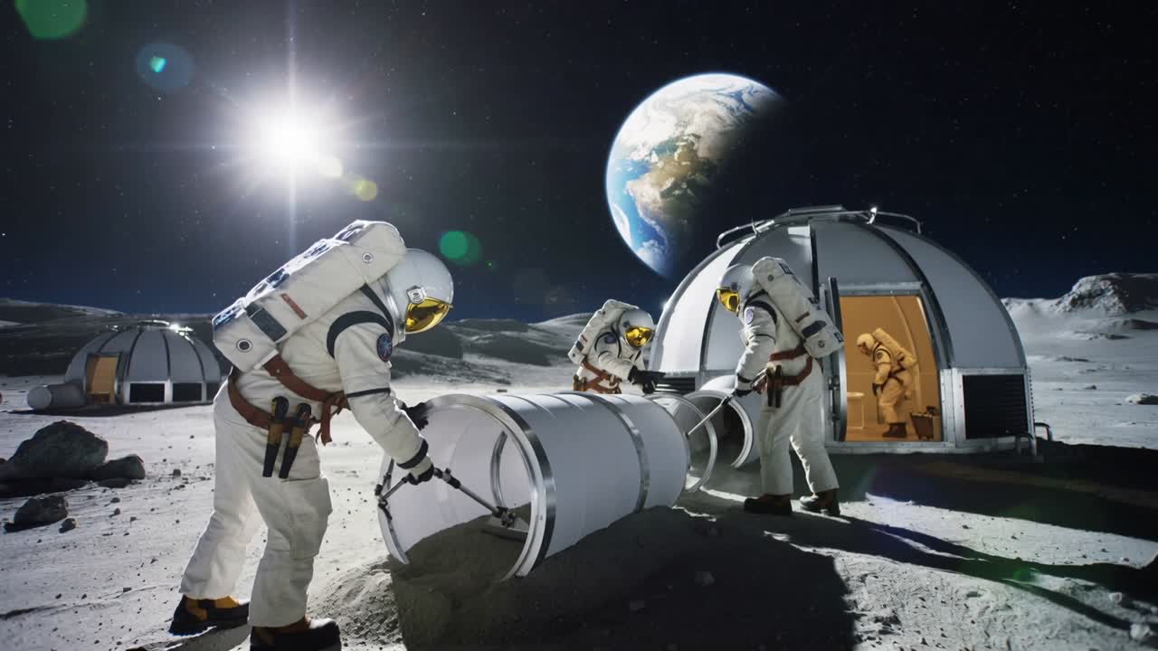 Aligning crew in white EVA suits rotating cylinder on lunar plain for dome coupling, tool visible