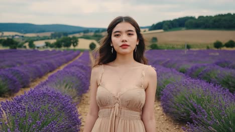 Beautiful young woman with long brown hair wearing elegant dress standing in a lavender field on a summer day, enjoying the scent and the colorful landscape
