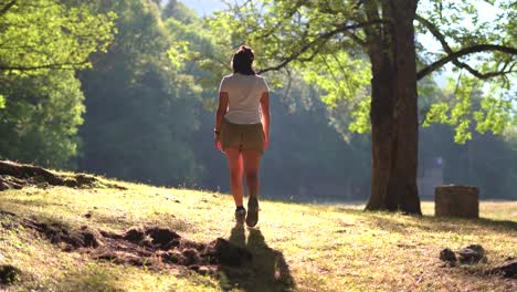 Hiker-woman-walks-at-grassland-in-Ordesa-Park-at-the-north-of-Spain