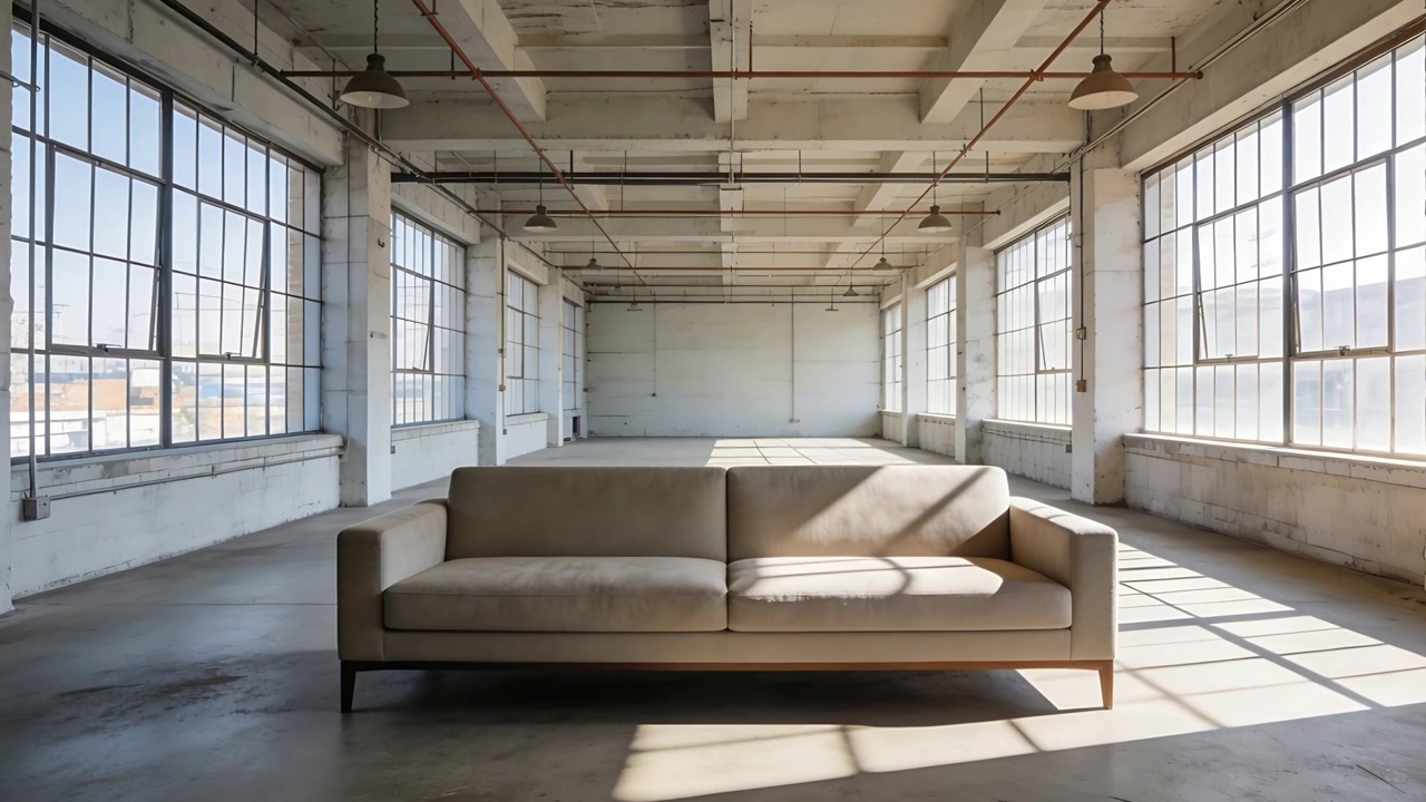Shifting sunlight moving shadows from paned windows right across beige two-seat sofa in studio loft