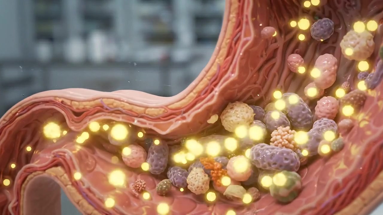 Animazione Medica della Digestione dello Stomaco Umano e del Microbioma