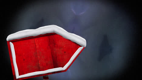 red spots floating over red wooden sign board against spots of light on grey background