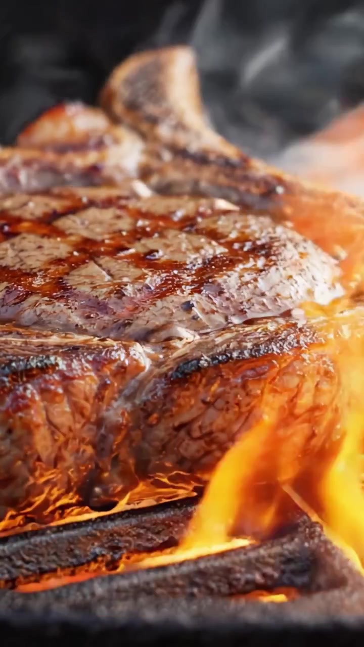 Sizzling Perfection: A Close-Up of a Juicy, Grilled Steak with Flames Dancing Around It, Showcasing the Art of Barbecue and Culinary Delight