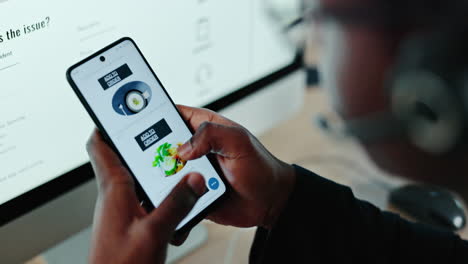 person, hands and phone screen for food delivery