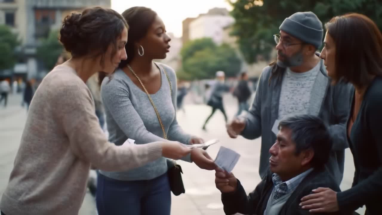 Four individuals interact with a homeless man in a city park during the late afternoon. They exchange money and cards, demonstrating compassion and community support.