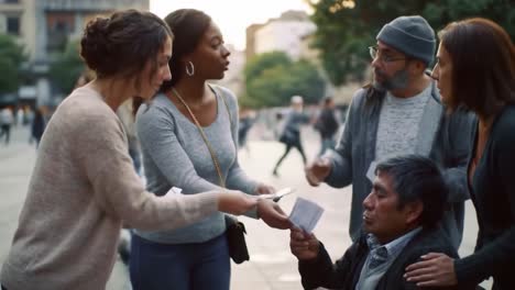 four individuals interact with a homeless man in a city park during the late afternoon. they exchange money and cards, demonstrating compassion and community support.