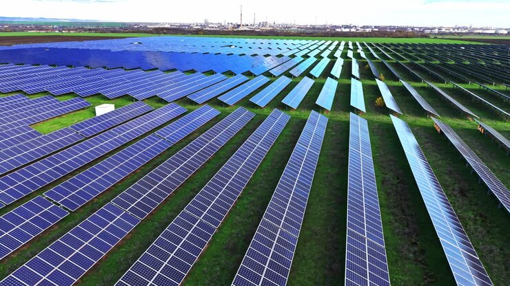 Expansive solar panel field captures sunlight in a rural landscape