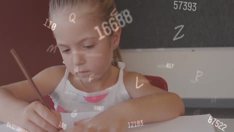 animation of changing numbers and multiple letters over caucasian girl writing in book at classroom