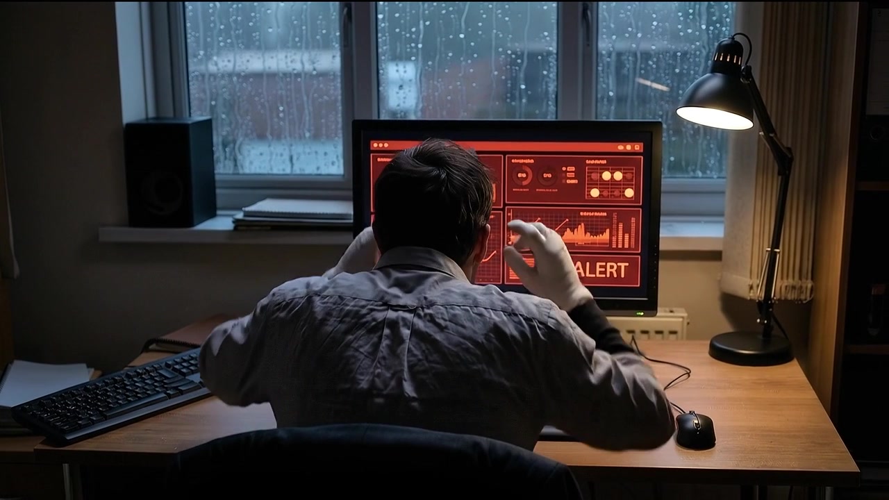 Stressed Man Reacting to Critical System Failure on Computer Screen