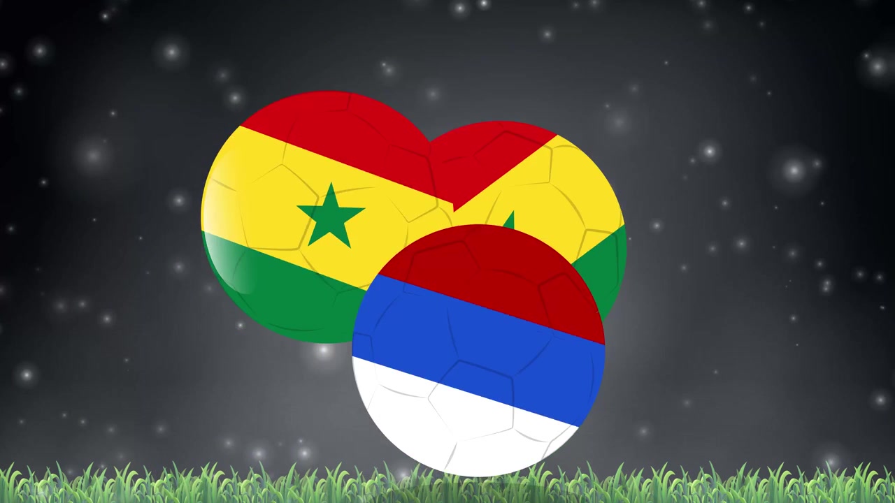 Bunte Fußbälle mit Flaggenmotiven hüpfen über grünes Gras unter einem sternenklaren Nachthimmel