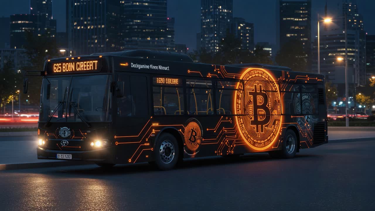 Futuristic Bitcoin-Emblazoned Bus Driving Through a Modern Cityscape at Night, Showcasing Innovative Technology and Cryptocurrency Culture