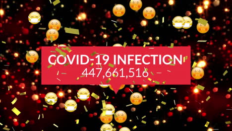 animation of covid 19 data and emojis with face masks over lights and confetti on black background