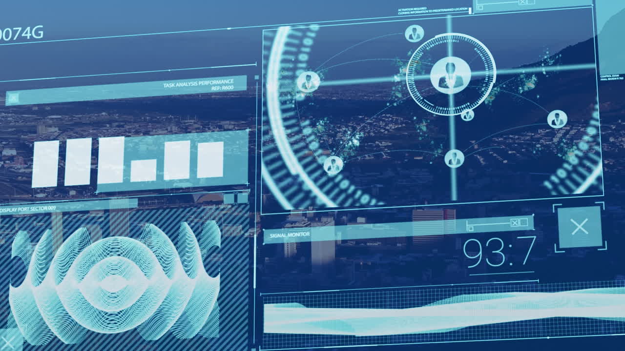 Animation of data processing over cityscape