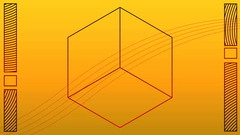 digital animation of lines and abstract shapes moving over cubical shape against yellow background