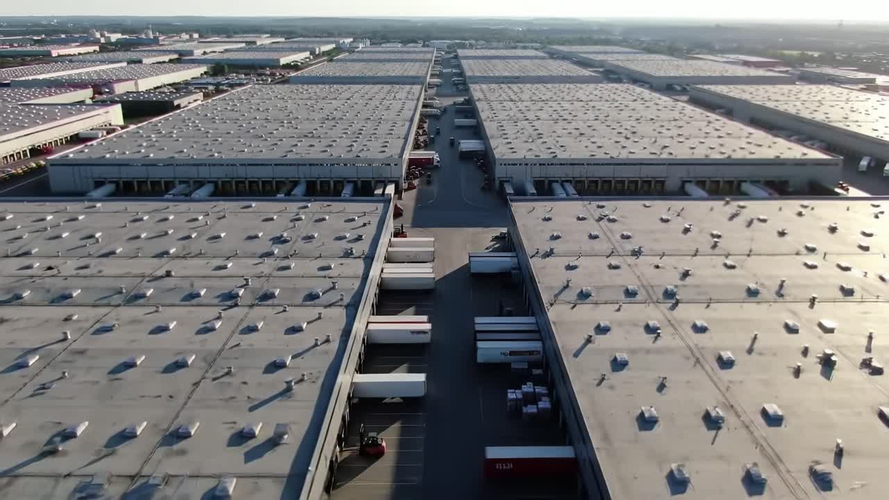 Aerial View of a Large Distribution Center Highlighting Its Expansive Roofs and Truck Loading Areas, Illustrating the Efficiency and Scale of Modern Logistics Operations
