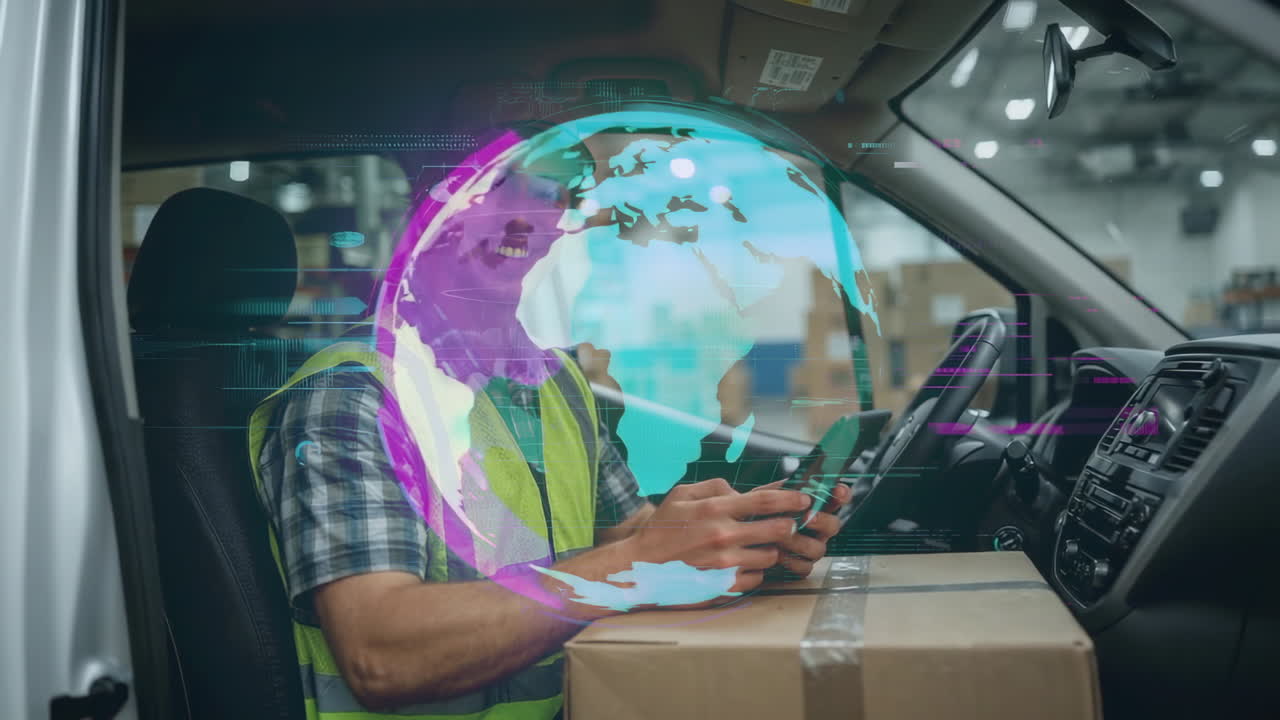 Global Logistics and Digital Delivery: Worker in Van with Data Overlay