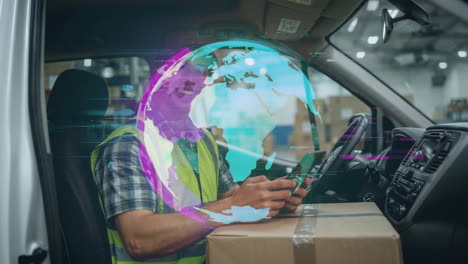 global logistics and digital delivery: worker in van with data overlay