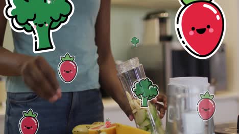 Animación-De-íconos-De-Frutas-Y-Verduras-Sobre-Una-Mujer-Afroamericana-Haciendo-Bebidas-Saludables