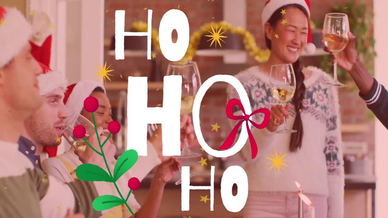 Animação de texto "ho ho ho" sobre amigos diversos sorrindo