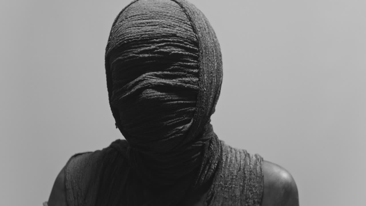 A mummy of a woman on a white backdrop turns her head