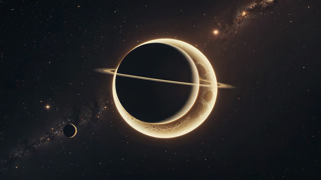 Ringed Planet with Glowing Crescent in Space