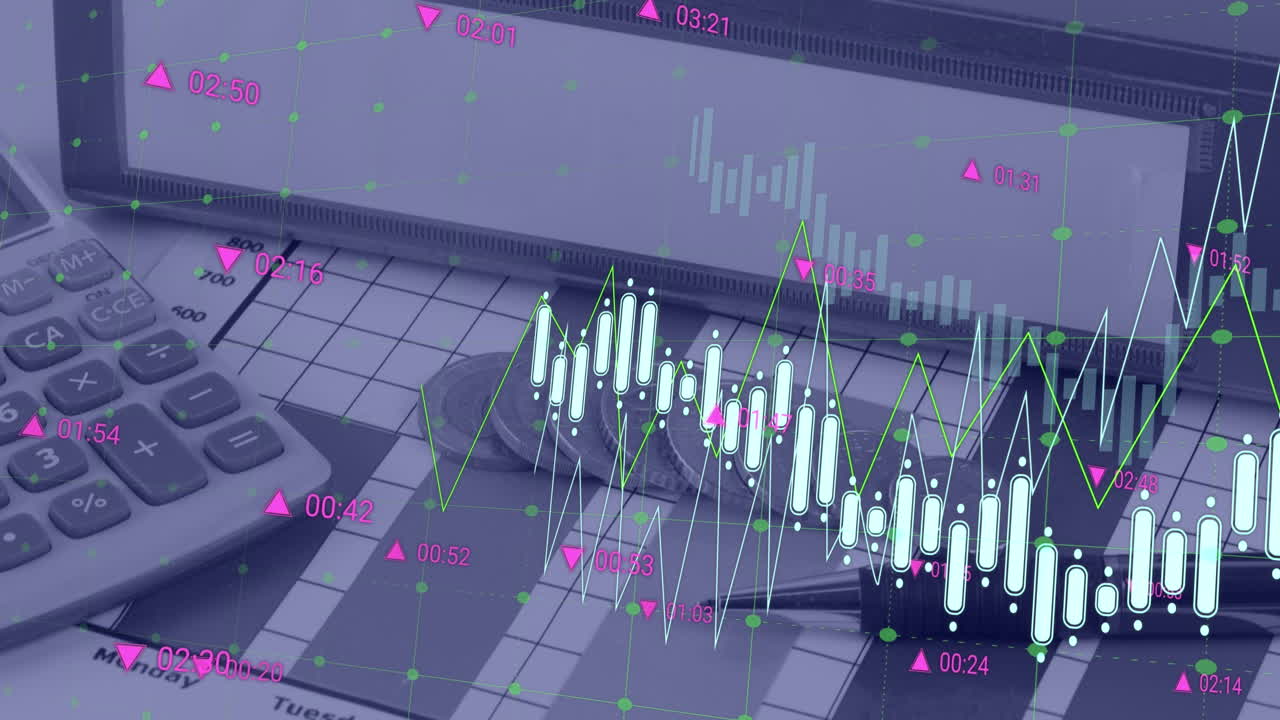 animazione dell'elaborazione dei dati finanziari su calcolatrice, file e monete