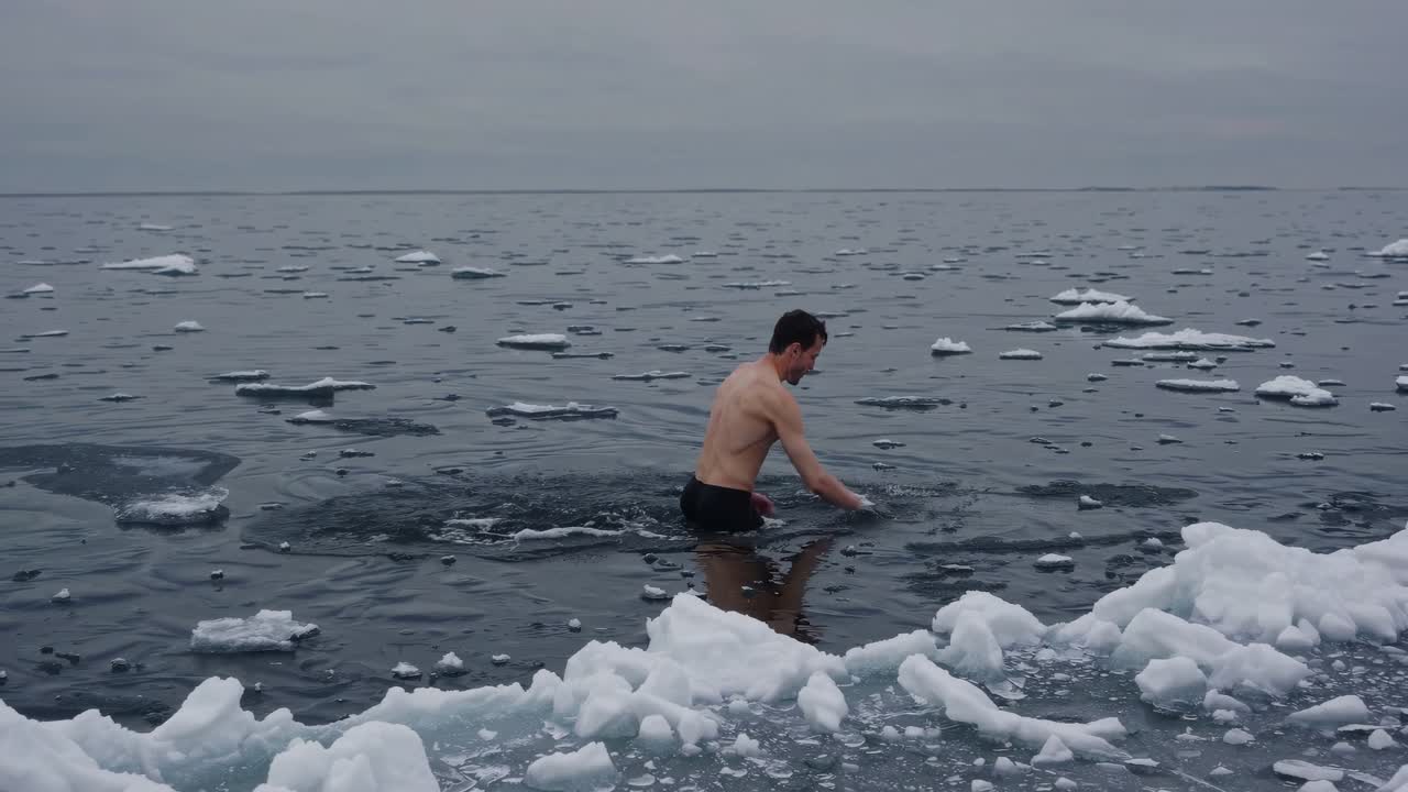 Man swimming in cold icy water
