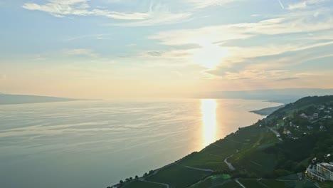 drone shot of the sunset with the vineyards of lavaux and the lake of geneva in switzerland