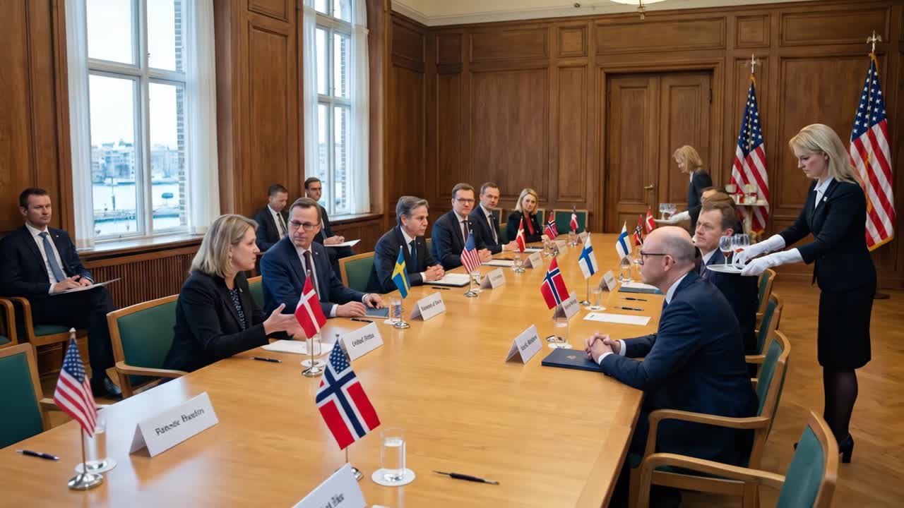 International Delegates Attending a Formal Diplomatic Meeting with National Flags