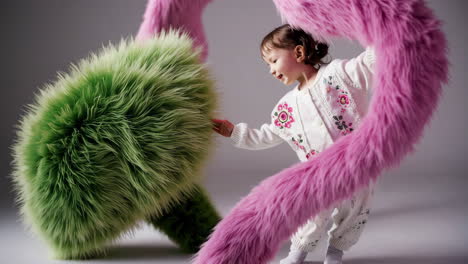 toddler interacting with large fuzzy green and pink shapes