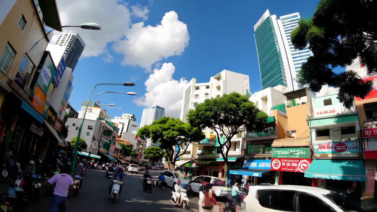 Busy City Street Scene in Southeast Asia