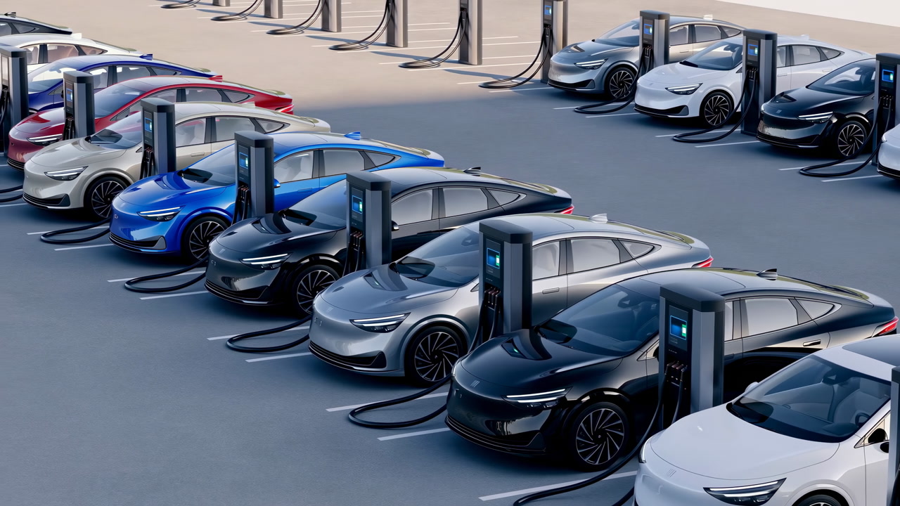 Electric Cars Charging At Station, Corporate Fleet Lined Up In Modern Parking Lot With Visible Charging Cables