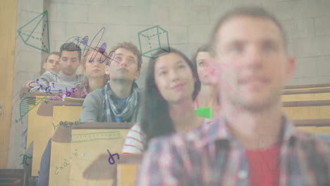 geometric shapes and mathematical formulas animation over students in lecture hall