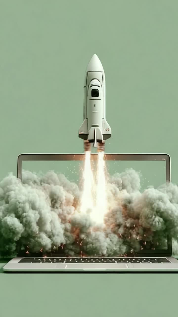 A futuristic fusion of technology and imagination where a rocket launches from a laptop screen, symbolizing innovation, creativity, and the limitless potential of digital realms