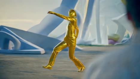 golden dancer in futuristic outfit