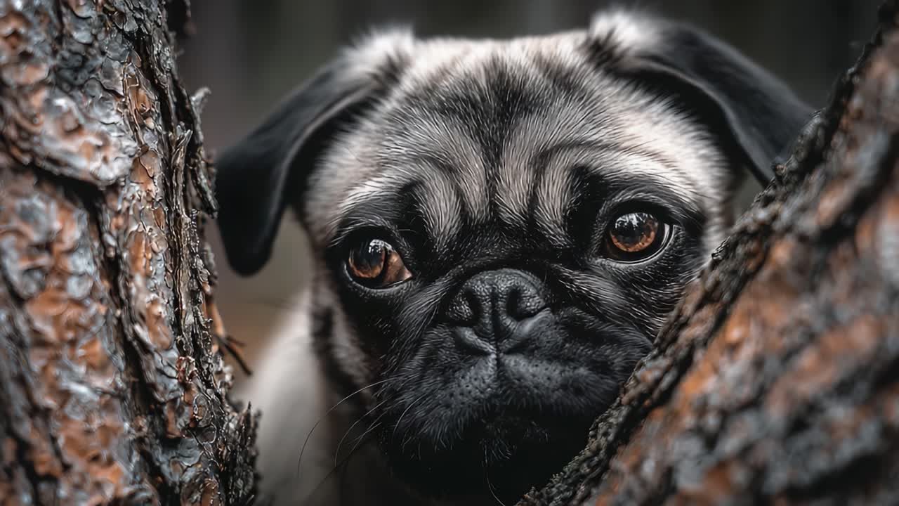 En fængslende mops, der kigger frem gennem træerne, viser sine udtryksfulde øjne og legesyge væsen mod en fredfyldt skovbaggrund og fremhæver skønheden ved hundeselskab.