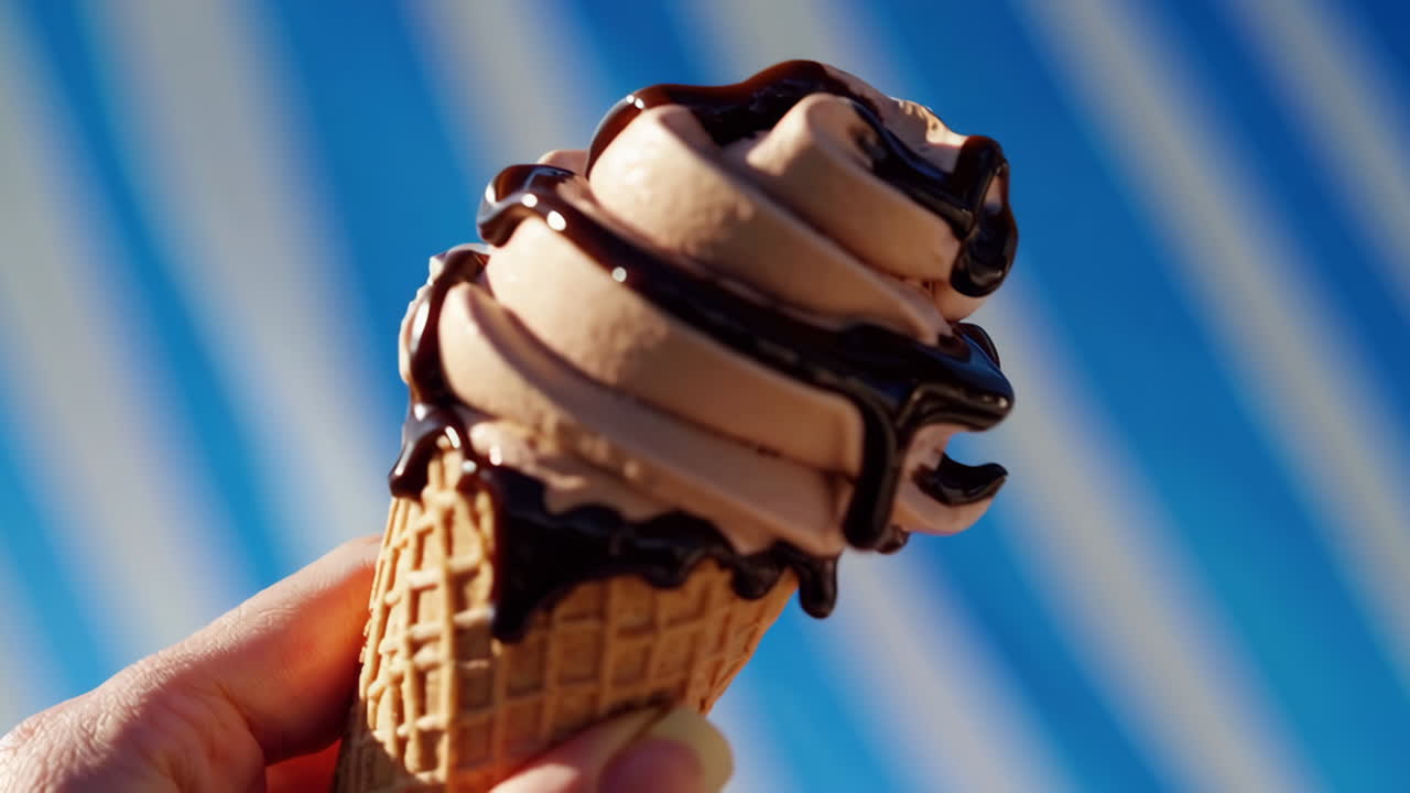 Mano sosteniendo un cono de helado suave de chocolate