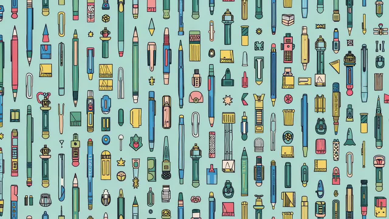 Playback starting tiled stationery icons panning right revealing columns on teal field, with pens