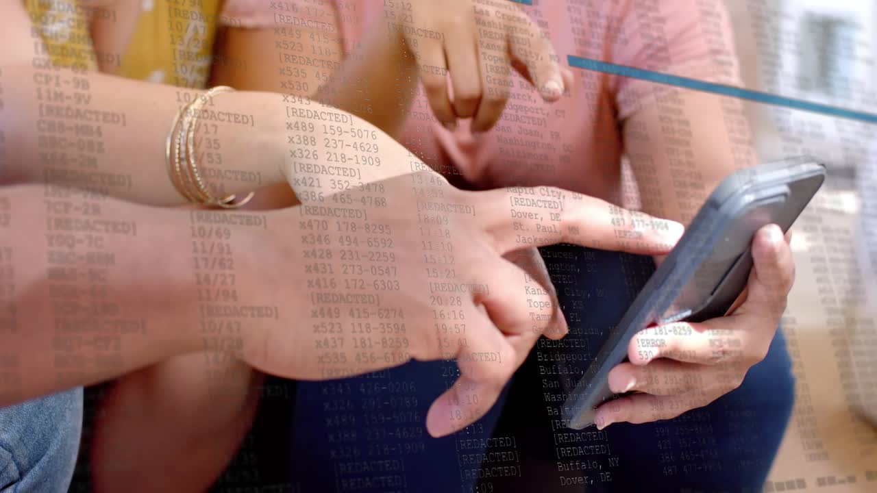 Three people tapping smartphone on couch, initiating app data overlay and coordinating selection