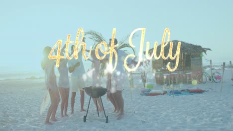 Independence-day-text-and-spots-of-light-against-group-of-friends-partying-on-the-beach