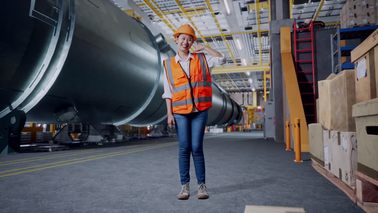 corpo pieno di ingegnere donna asiatica con casco di sicurezza sorridendo alla telecamera e facendo il gesto di chiamarmi mentre era in piedi in una fabbrica di fabbricazione di tubi