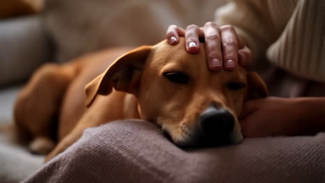 a person gently petting a sleeping dog