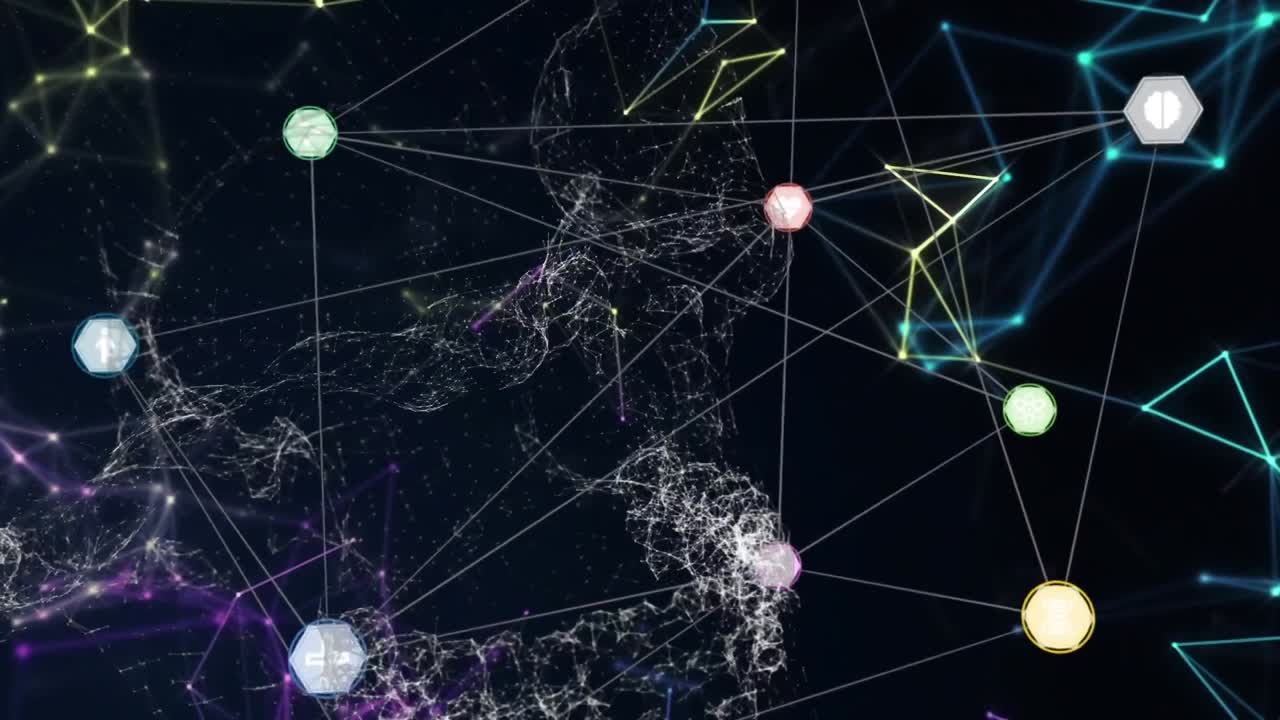animación de redes de conexiones con iconos sobre fondo negro