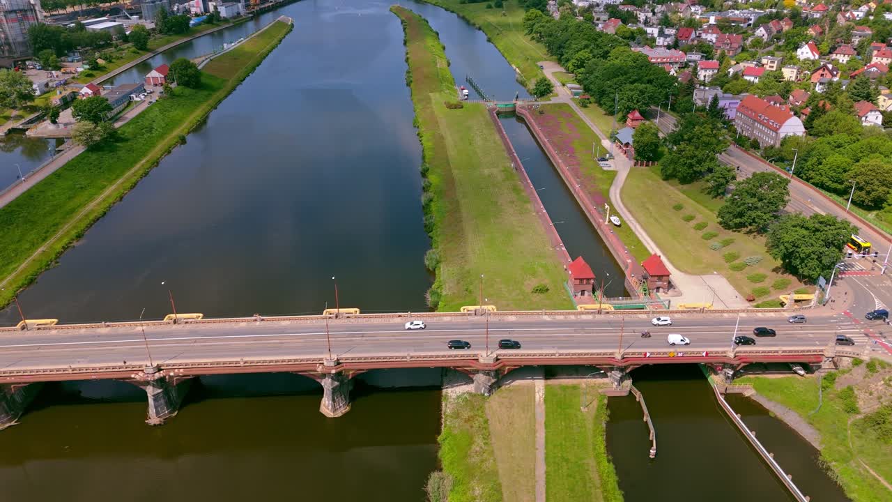 Aerial Panning View, River Bridge Crossings, Transport Infrastructure