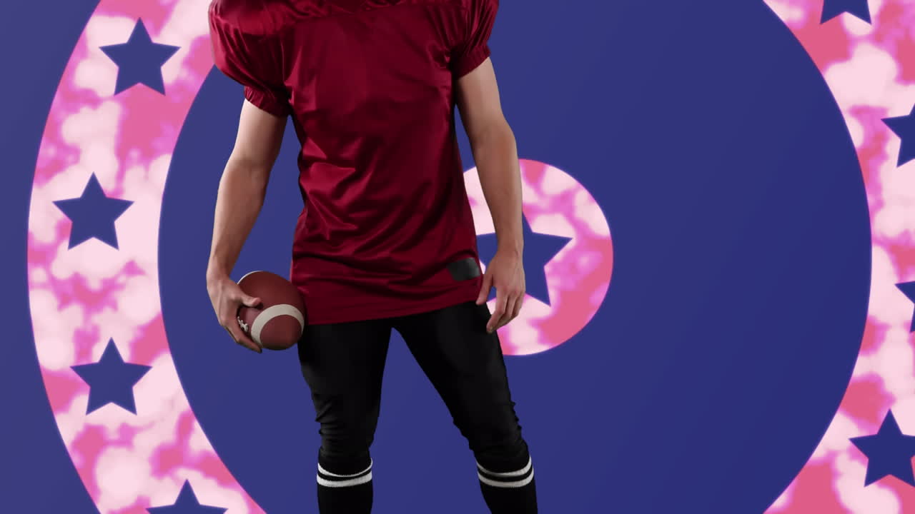animación de un jugador de fútbol americano sobre el patrón de la bandera estadounidense y los círculos de colores