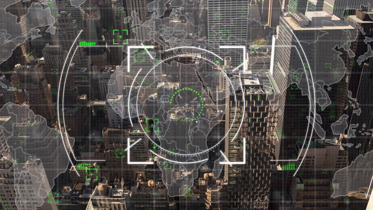 animación de escaneo de alcance y procesamiento de datos sobre el paisaje urbano