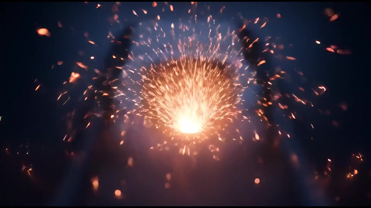 Scintille infuocate che esplodono e brillano su uno sfondo blu scuro