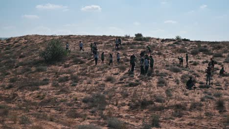 volunteers plant trees in a desert