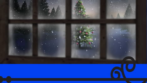 animación del banner de texto ho ho ho sobre la vista de la nieve cayendo sobre el árbol de navidad desde el marco de la ventana